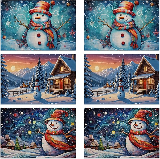 Winter Christmas Placemats, Red Snowman Plastic Placemats 12x18 Inch Waterproof Non-Slip Washable Table Mats for Kitchen Dining Party Table Decor,Set of 6