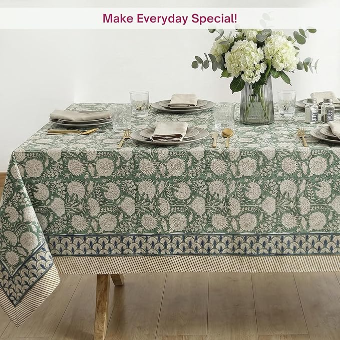 ATOSII Jade 100% Cotton Boho Square Summer Tablecloth, Block Print Floral Table Cloth Linen for Dining, Parties, Weddings, Outdoors Table Decor I 60 X 60 Inches I 4 Seater I