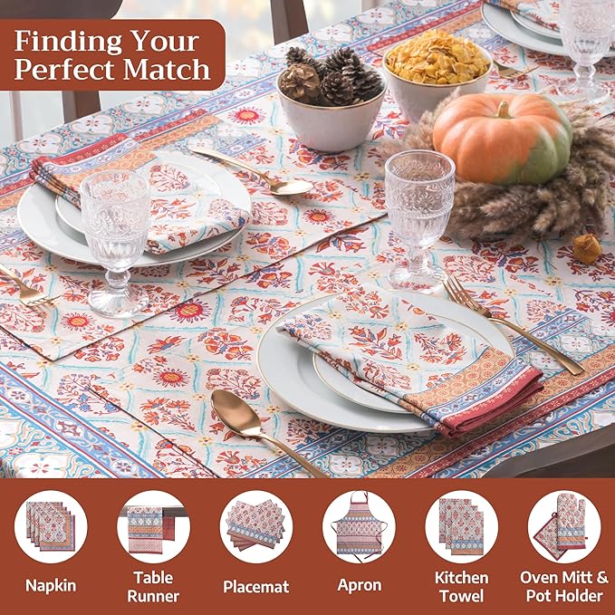 Maison d' Hermine Table Cloth Rectangle Table 100% Cotton 60 x 108 Inches Fall Tablecloth Reusable Everyday Use for Thanksgiving Christmas Decorations Dining Farmhouse Party (Romane)