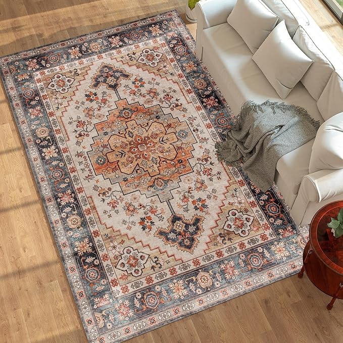 HOMCOM Washable Area Rug, 8'x10' Vintage Indoor Distressed Carpet, Retro Floor Cover Foldable, Floral Print Mat for Living Room, Bedroom, Dining Room, Tawny Brown