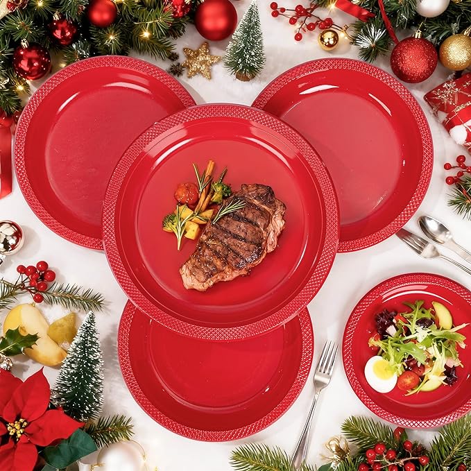 WELLIFE Red Party Plates 9 Inch -150 Count, Plastic Disposable Plates for Dinner Party Easter Mother's Day