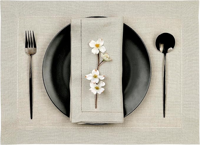 D'Moksha Homes Linen Placemats Set of 6 - Classic Hemstitch Natural Placemats 14 x 19 Inch - 100% Pure Linen Table Mats for Valentines, Spring, Easter - Handcrafted and Machine Washable