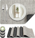 Placemats Set of 6, Faux Leather Heat Resistant Wipeable Placemats, Dual Sided Waterproof Washable Table Mats with Coaster, Suitable for Kitchen, Dining, Table Decor(6, Black Light Gray)