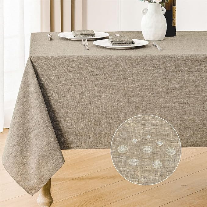 2 Pack Rectangle Tablecloth, 52x70 inch, Water Resistant Wrinkle Free Linen Textured Table Cloth Washable, Decorative Fabric Table Cover for Dining, Party and Camping, Mocha