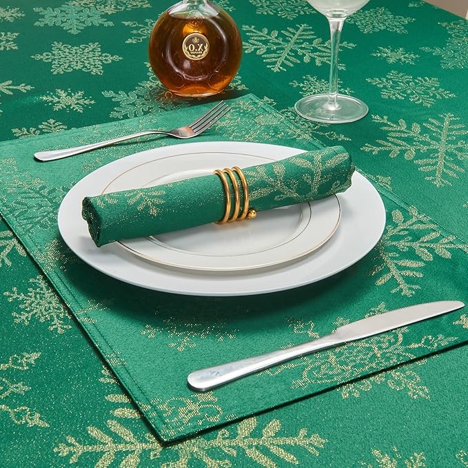 Cloth Place Mats Set of 8–Reusable Rectangular Waterproof Fabric Polyester Washable Wipeable Heat Resistant Jacquard Sparkling Metallic Snowflake for Kitchen Table(Hunter Gold/13x19 Inch)