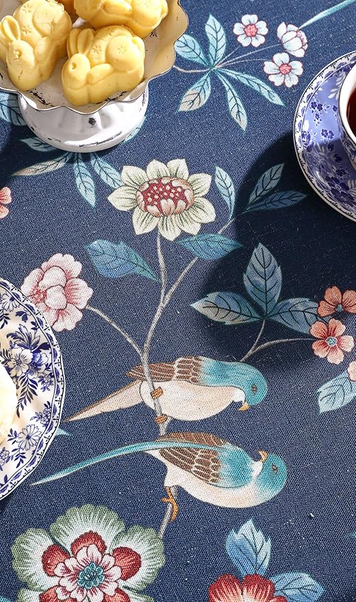 patdrea Designer Vintage Dark Blue Linen Rectangular Tablecloth,Navy French Floral and Birds Pattern Table Cloth,Decoration Table Cover for Kitchen,Dining,Tea Party,Home,Christmas,63"*94"