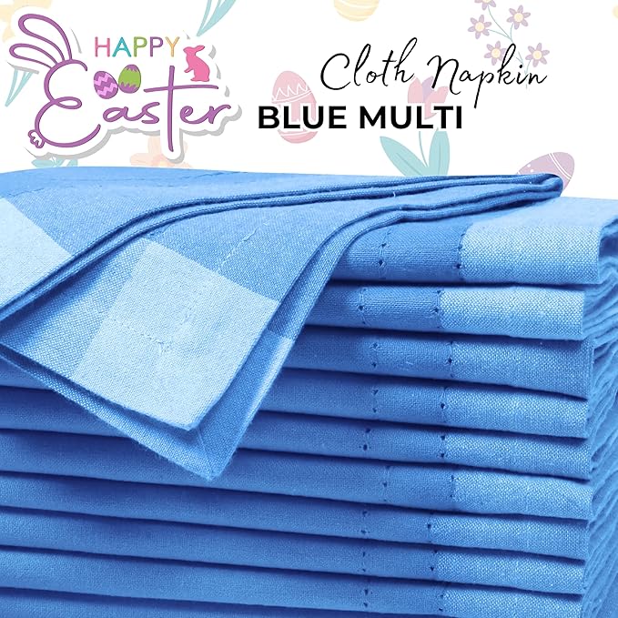 Bedding Craft Cotton Cloth Dinner Napkins Set of 12 – 20x20 Teal Blue Multi Double Hemstitched – Machine Washable Wedding & Party Fabric Table Napkins