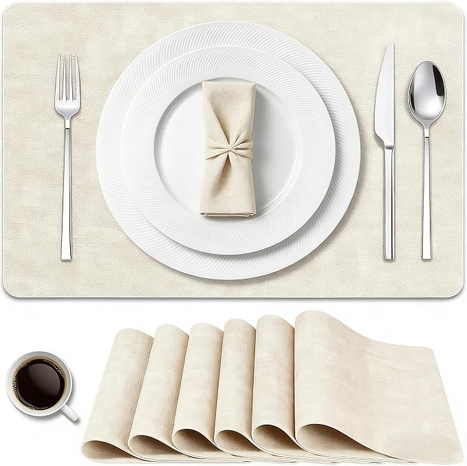 Faux Leather Placemats Set of 6, 17×12 Inch Waterproof Wipeable PU Place Mats Heat Resistant Anti Slip Dining Table Place Mats for Kitchen Dining Indoor & Outdoor Use (Beige)