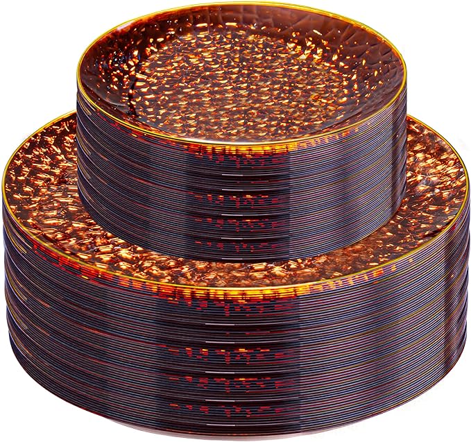 Rubtlamp 60Pcs Amber Plastic Plates - Brown Disposable Plates With Gold Rim, Clear Heavy-duty Party Plates, Hammered Plates Include 30 Dessert Platos, 30 Dinner Platos for Party