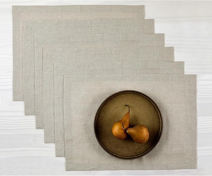 Solino Home Linen Natural Placemats Set of 6-100% Pure Linen Placemats 14 x 19 Inch for Spring, Easter - Fete