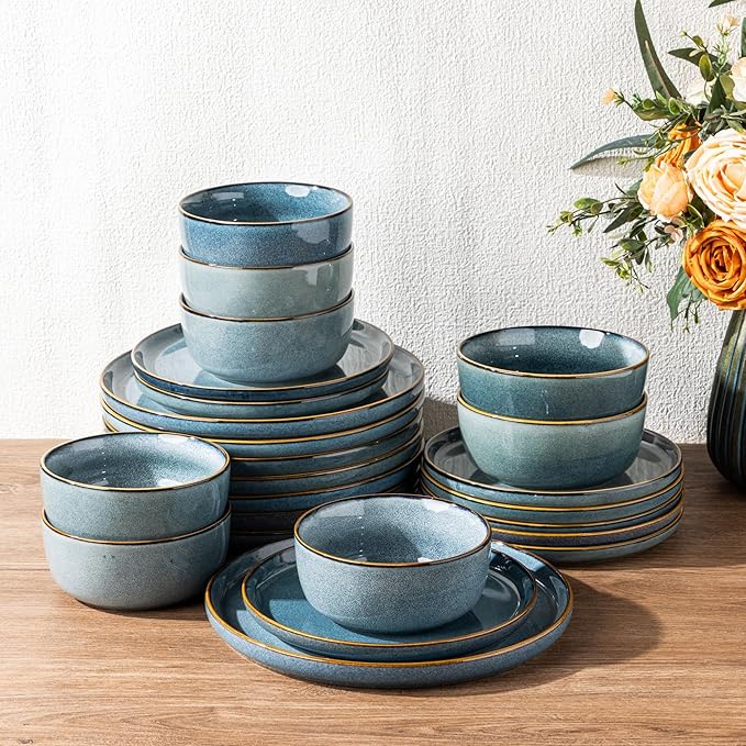 GBHOME Ceramic Dinnerware Sets for 8, 24 Pieces Stoneware Plates and Bowls Sets, Scratch Resistant Dishes, Dishwasher & Microwave Safe, Reactive Glaze-Space Blue
