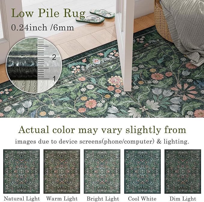 Green Floral 8x10 Area Rugs for Living Room Large Washable Rug Vintage Forest Low Pile Non Slip Stain Resistance Soft Carpet for Dining Room, Bedroom, Office Rug, Kids Room, Nursery Room, Playroom