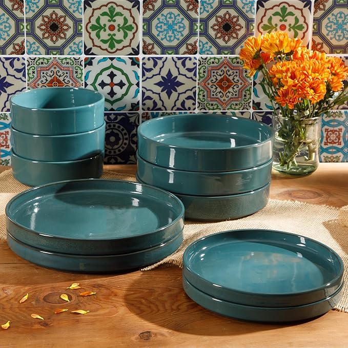 Bloomhouse - Two Time Oprah's Favorite Things Winner - Santorini Mist Double Bowl Terracotta Reactive Glaze Plates and Bowls Dinnerware Set - Jade Blue Green, Service for Four (16pcs)