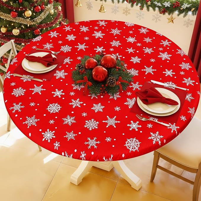 Round Spandex Christmas Tablecloth, Elastic Fitted Waterproof Tablecloths for 45"-56" Tables, Stretch Washable Picnic Table Cover for Christmas Dinner, Dot Snowflake