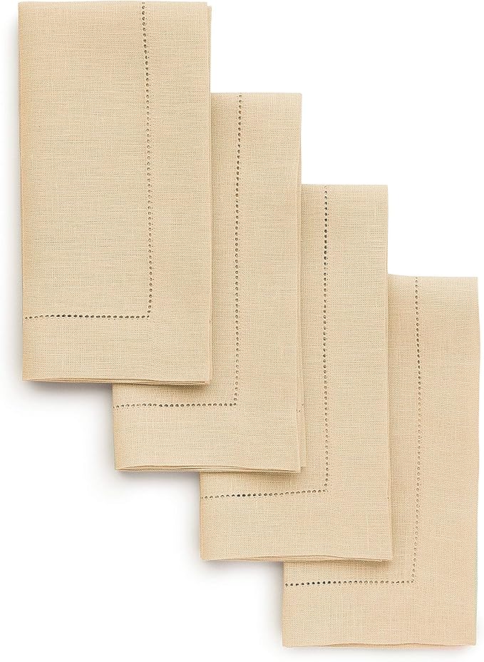 Solino Home Linen Napkins Set of 4 - Classic Hemstitch 100% Pure Linen Beige Dinner Napkins Cloth 20 x 20 Inch for Spring, Easter - Handcrafted and Machine Washable