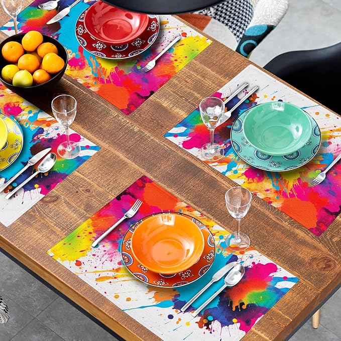 Colorful Placemats Set of 4 - Art Place Mats 12x18 Inch Rainbow Paint Splashing Artist Dining Table Place Mats for Home Party Dining