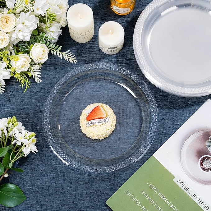 WELLIFE Clear Party Plates 10 Inch -150 Count for Party, Disposable Plastic Dinner Plates for Birthday Wedding Engagement Easter