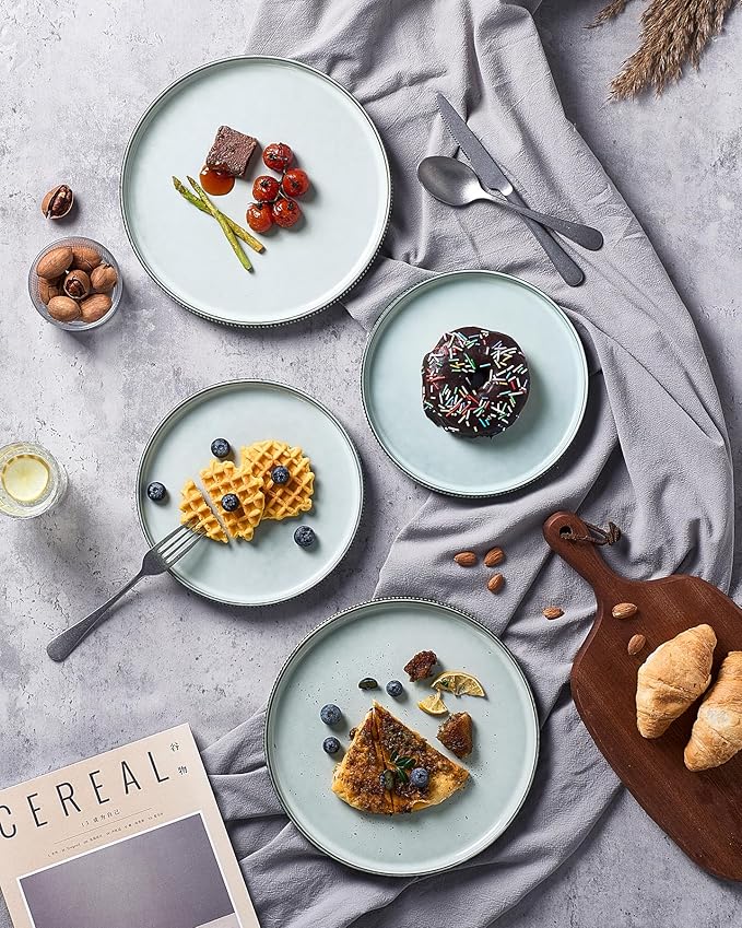 famiware Star Salad Plates for 6, 8 inches Plate Set, Stoneware Dinnerware, Small Dinner Plates for Dessert, Salad, Appetizer, Smoky Blue
