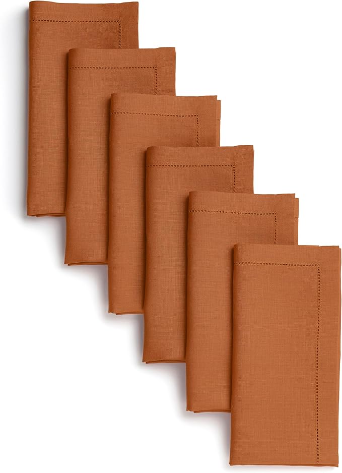 D'Moksha Homes Rust Linen Napkins Set of 6 - Classic Hemstitch 100% Pure Linen Hemstitch Dinner Napkins 20 x 20 Inch for Spring, Easter - Handcrafted and Machine Washable