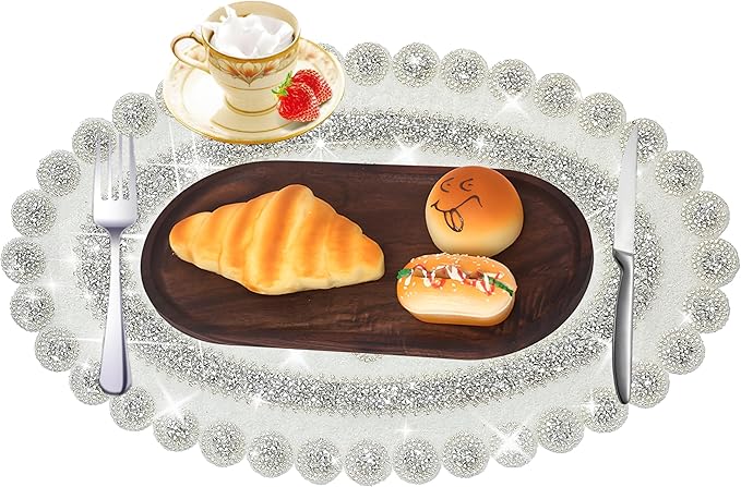 Sparkling Silver Diamond Placemats Bling Oval Place Mat Heat Elegant Table Decor for Weddings, Holidays, and Special Events (15x9 Inch)
