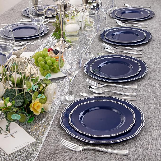 Hioasis 60pcs Blue Plastic Plates - Blue and Silver Disposable Dinnerware with Gold Rim, Heavy-duty, 7.5 inch, Dessert Plates for Party & Christmas