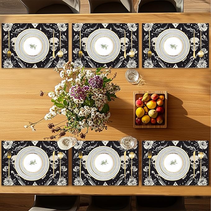 Skull Head Placemats Set of 6,Rose Table Mates Non-Slip Heat Resistant Washable Linen Place Mats for Party Kitchen Dining Decoration Indoor Outdoor 12"x18"