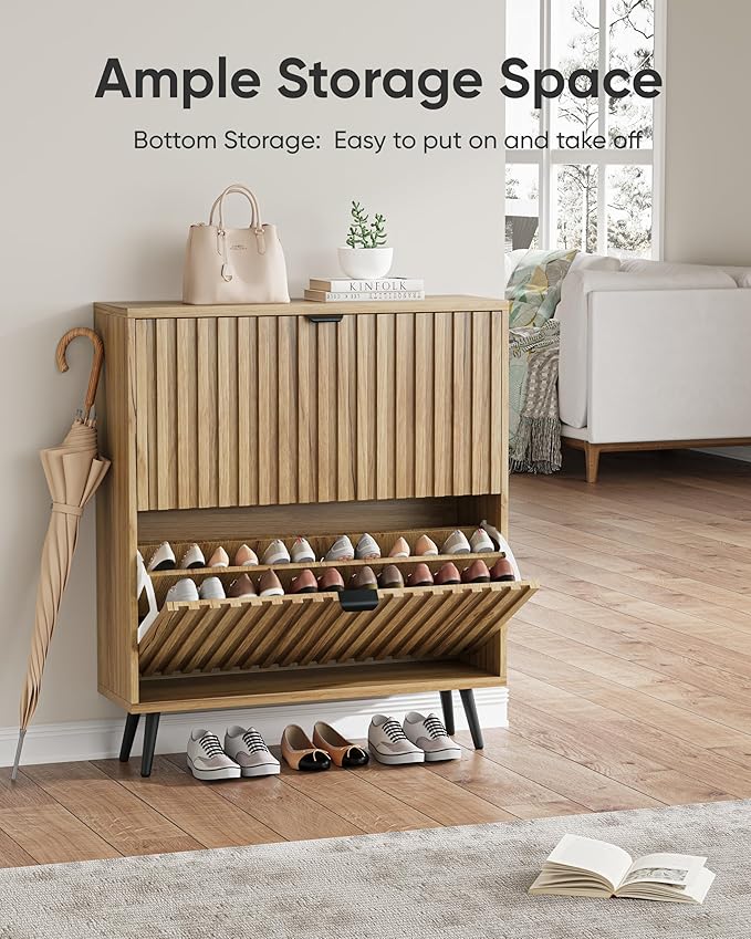 Shoe Storage Cabinet, Fluted Shoe Cabinet Storage for Entryway, Hidden Shoe Cabinet with Metal Legs,Shoe Organizer Cabinet with Flip Doors, Slim Entryway Shoe Storage Cabinet, Natural Wood-31.5in