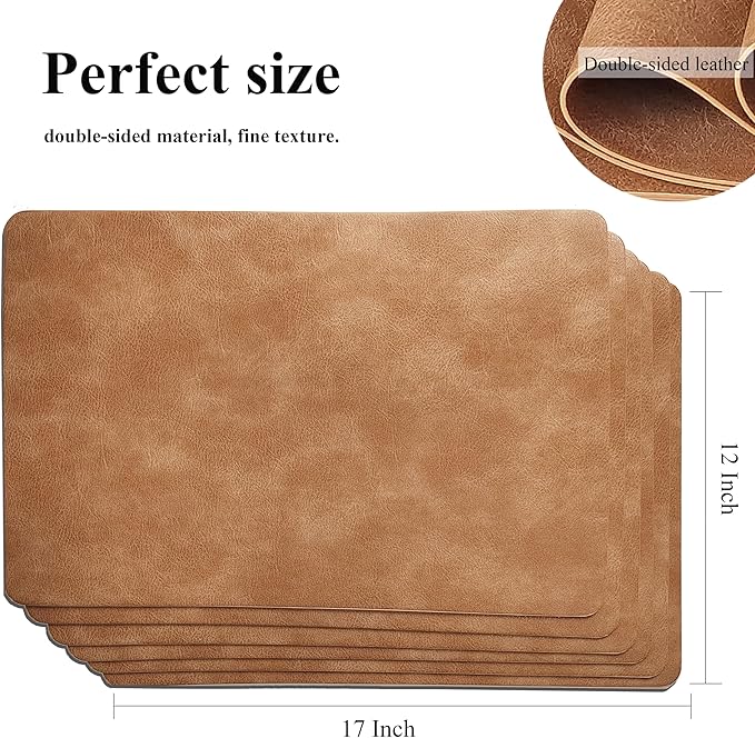 Cowhide Pattern PU Leather Placemats Set of 6 Heat Resistant Kitchen Table Mats, Non-Slip Dining Table Decorations, Double-Sides Waterproof Wipeable Place mats(Camel)