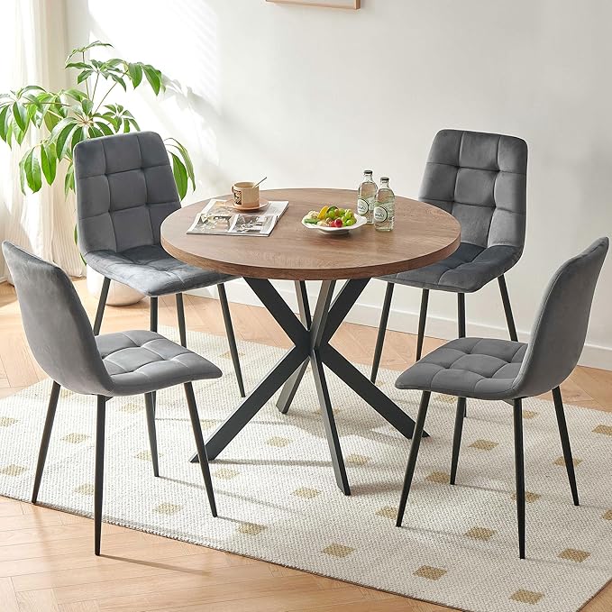 Round Kitchen Table and Chairs Set for 4, 37" Round Dining Table MDF Faux Wood Tabletop, Grey Velvet Dining Chairs Upholstered Side Chair with Back