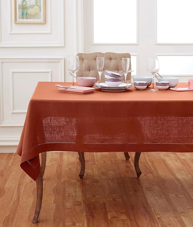 Solino Home Linen Cinnamon Tablecloth 60 x 132 Inch - Classic Hemstitch, 100% Pure Linen Rectangular Tablecloth - Machine Washable Table Cloth
