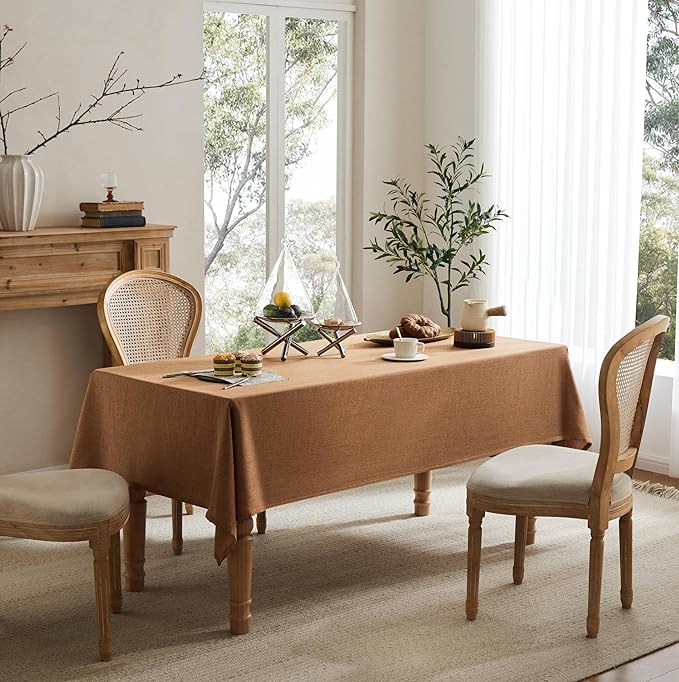 Linen Tablecloth for Rectangle Table, 60x104 Inch Caramel, Farmhouse Style Brown Tablecloth, Water Resistant Burlap Tablecloths for Dining Table Farmhouse Kitchen