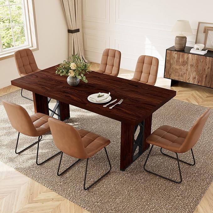 7-Piece Dining Table Set for 6 People, 70.8" MDF Kitchen Table with 6 Upholstered Chairs, Space-Saving for Dining Room, Breakfast Nook(Walnut Table+6 Brown Chairs)