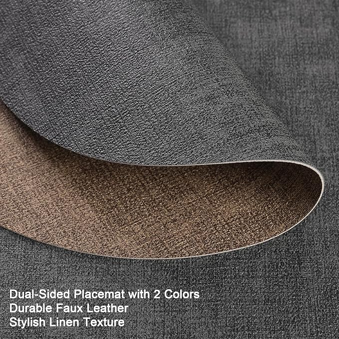 Myir JUN Round Placemats, Dual Sided Faux Leather Place Mats Set of 4 Indoor/Outdoor Non-Slip Washable Table Mats (Gray Brown, Set of 4)
