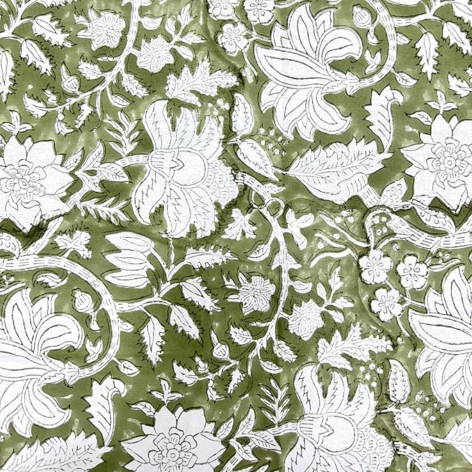 ATOSII Noori Green 100% Cotton Fall Tablecloth, Block Print Rectangle Table Cover for Dining, Weddings, Holidays, Thanksgiving, Easter 60 X 60 Inches - 4 Seater I Grandmillennial Preppy Boho Farmhouse