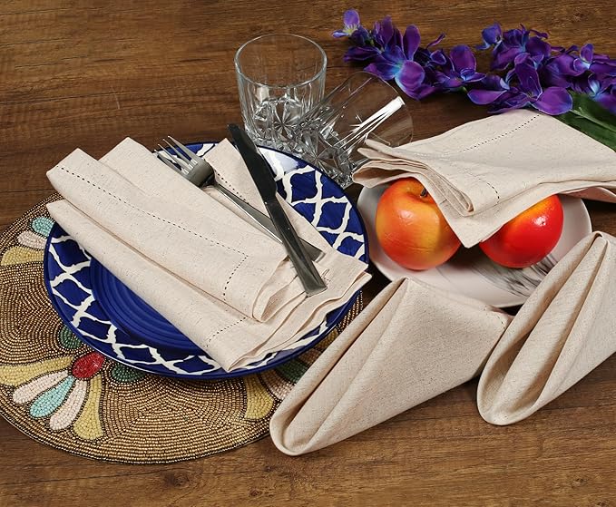 Flax Linen Christmas Cloth Napkins Set of 12 - Washable and Reusable Hemstitched Dinner Cloth Napkins Everyday, Hotel, Events, Parties, Christmas Napkin Cloth 18x18 Inch Natural Color