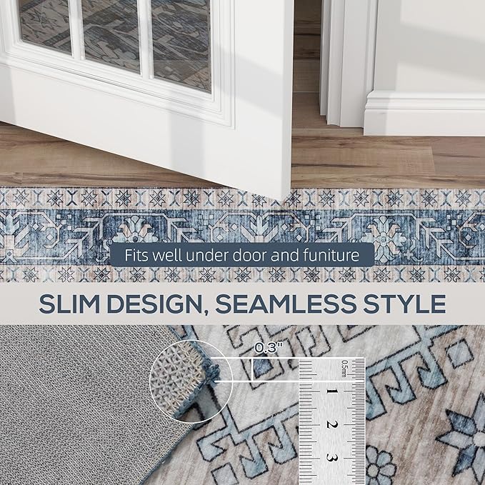 HOMCOM Washable Area Rug, 4'x6' Vintage Indoor Distressed Carpet, Retro Floor Cover Foldable, Floral Print Mat for Living Room, Bedroom, Dining Room, Blue
