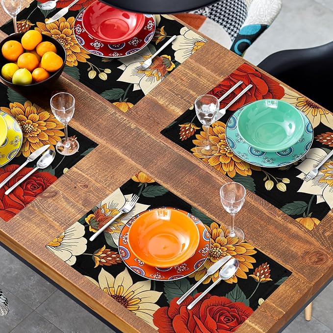 Boho Placemats Set of 4 - Floral Place Mats 12x18 Vintage Flower Table Mats Bohemian Kitchen Mats for Party Dining Table