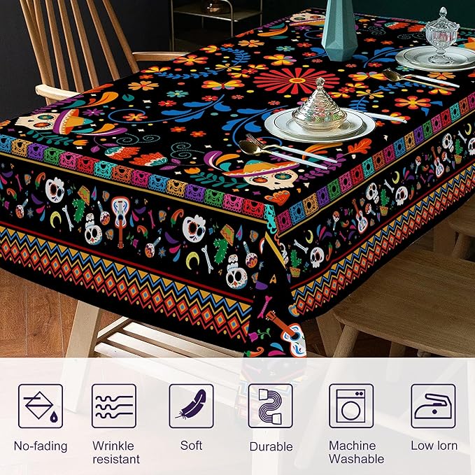 Mexican Tablecloth Round 70 Inch, Cinco De Mayo Flower Skull Table Cloth Fiesta Indoor Decorations for Dining Room Party