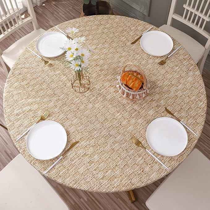 Walrus Round Vinyl Fitted Tablecloth with Flannel Backing Elastic Edge Design Table Cover Waterproof Oil-Proof PVC Table Cloth Stain-Resistant Best for 45"-56" Round