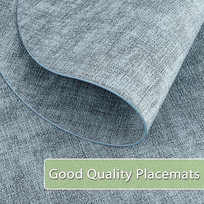 Placemats Set of 12 Washable, Heat Resistant Table Placemats Wipeable Faux Leather Oval Place Mats Non Slip, Waterproof Oval Table Mats for Indoor Outdoor, Light Blue