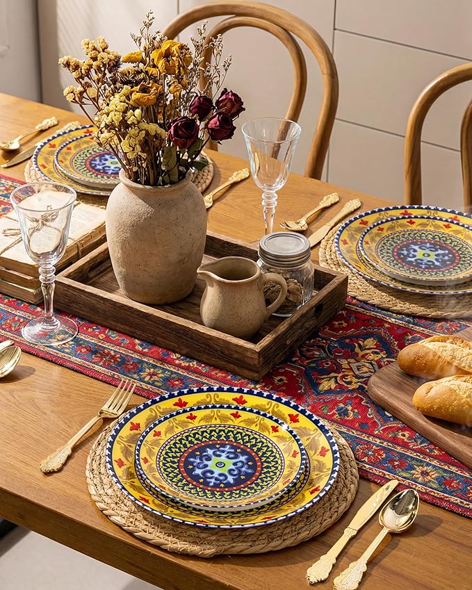 Hioasis 60pcs Plastic Disposable Plates Set - Layered Circular Pattern with Red & Yellow Accents, 10.25 Dinner & 7.5 Dessert Plates for Wedding,Anniversary,Party and Holiday