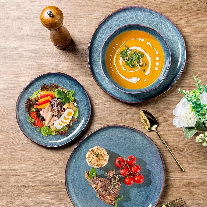 AmorArc Ceramic Dinner Plates Set of 6, 10.5 Inch Handmade Reactive Glaze Stoneware Plates, Rustic Shape Dinnerware Dish Set for Kitchen, Microwave & Dishwasher Safe, Scratch Resistant