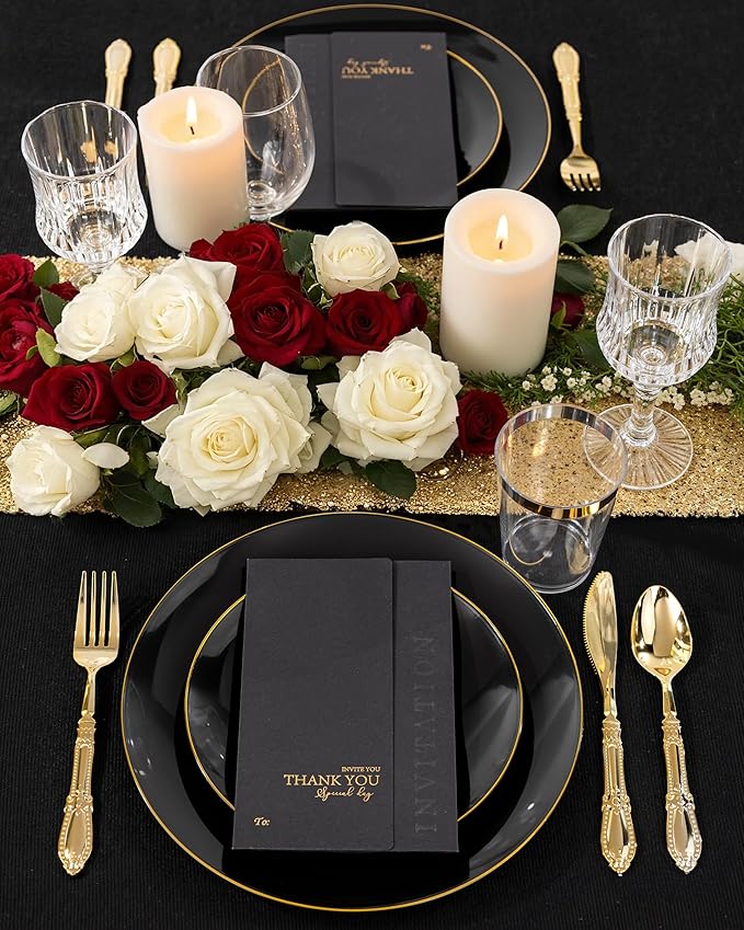 Nervure 100PCS Black and Gold Plastic Plates - 10.25 inch Black Disposable Plates - Gold Rim Dinner Plate - Black Dinner Plate Ideal for Wedding & Party