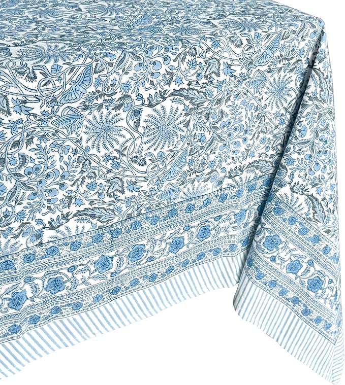 ATOSII Butterfly Blue 100% Cotton Rectangle Summer Tablecloth, Handblock Floral Print Linen Table Cloth for Kitchen Dining I Parties, Weddings, Outdoors, Decor 60 X 90 Inches, 6 Seater