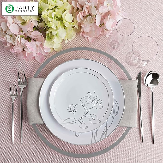 PARTY BARGAINS 13-Inch Charger Plates - 48 Pack, Clear Silver Rim, Heavy-Duty Disposable Chargers for Elegant Dining - Ideal for Weddings and Formal Events