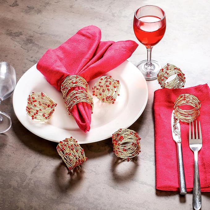 Gold Red Beaded Napkin Ring Set of 12 - Beautiful Fancy Elegant Decorative Napkin Holder for Christmas, Dinner Table Decoration, Farmhouse, Wedding, Party, Family Gathering, New Year & Everyday Use