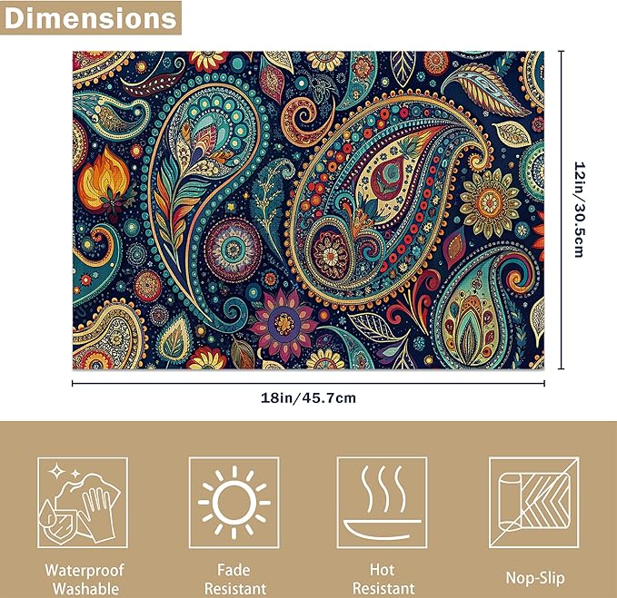 Table Placemats Set of 6 Indian Vintage Paisley Pattern Blue Place Mats Washable Kitchen Dining Linen Table Mats Stain Heat, for Home Party Indoor 12x18 in