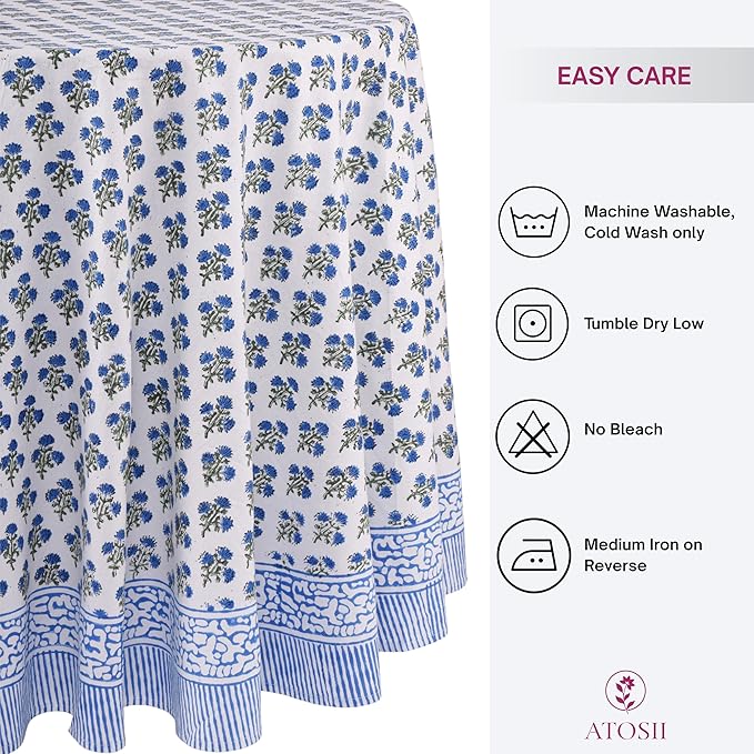 ATOSII Gulbahar Blue 100% Cotton Fall Round Tablecloth, Handblock Print Floral Table Cloth for Kitchen Dining Linen I Thanksgiving, Christmas, Weddings, Outdoors, Parties I 72" Inches Diameter