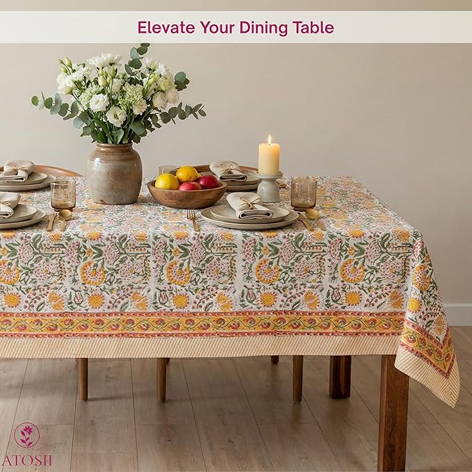ATOSII Clover Yellow 100% Cotton Rectangle Fall Tablecloth, Handblock Floral Print Linen Table Cloth for Kitchen Dining I Parties, Outdoors, Christmas, Thanksgiving I 72 X 108 Inches I 8 Seater