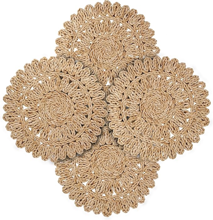13.8" Corn Husk Woven Round Placemats Set of 4 - Wicker Boho Farmhouse Placemats - Rattan Table Mats for Dining Table, Wedding, Home